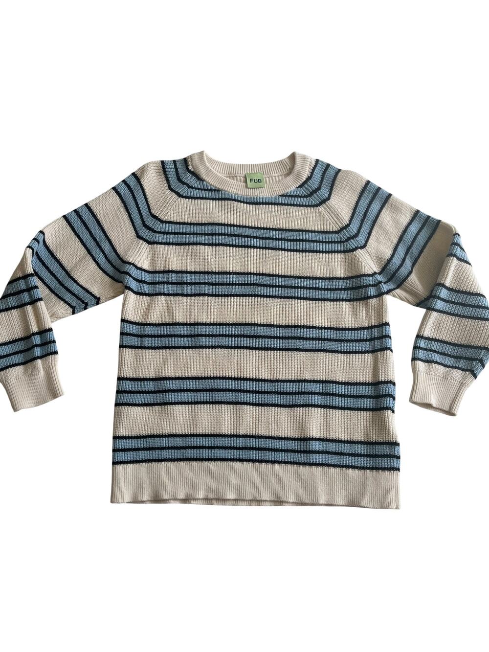 FUB Boys Ecru Blue Stripe Organic Cotton Rib Knit Sweater Size 6Y EUC Kids